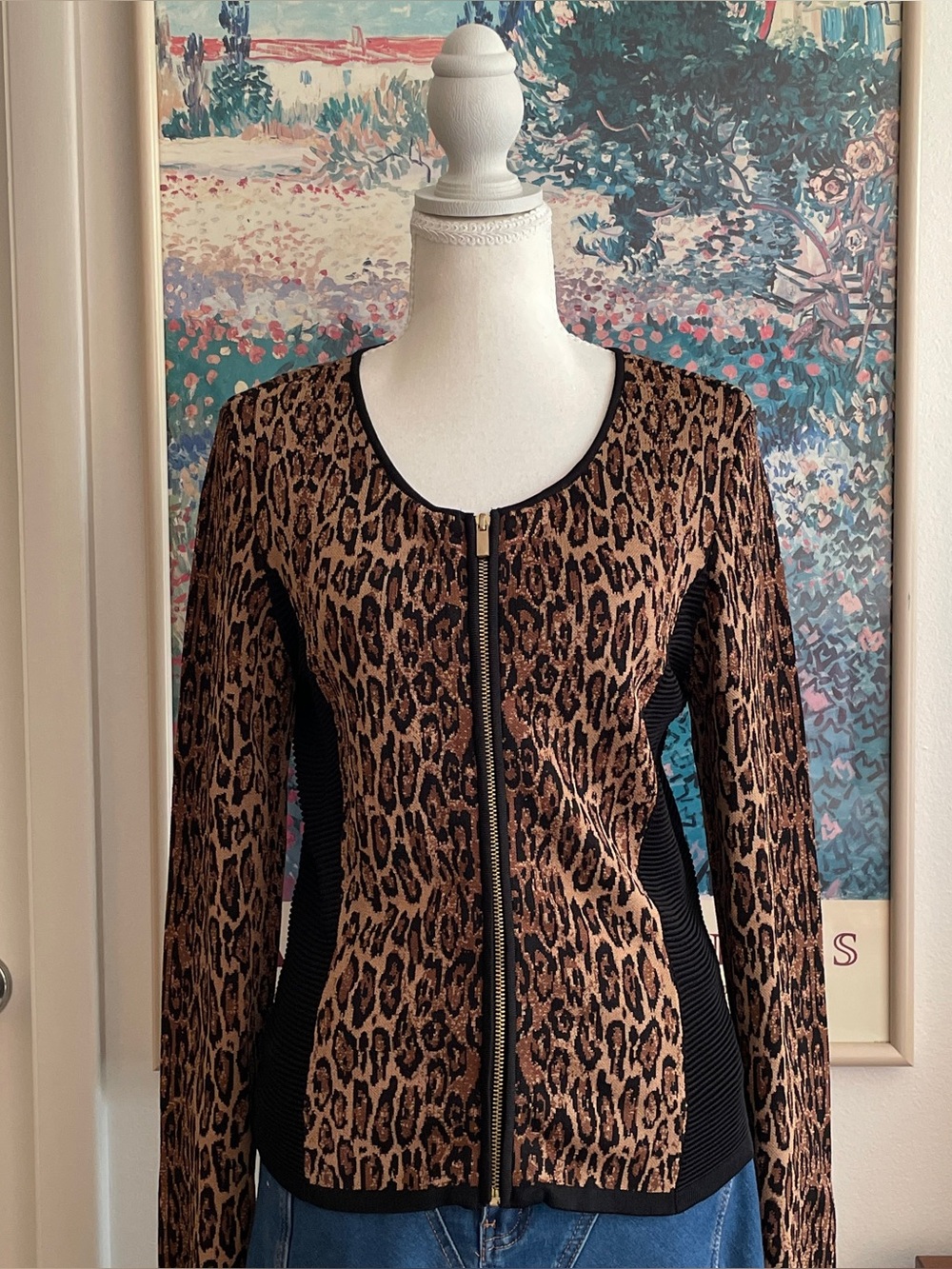 Caché Leopard Print Cardigan Small Zip Up Animal Print Indie Sleaze Glam Y2K